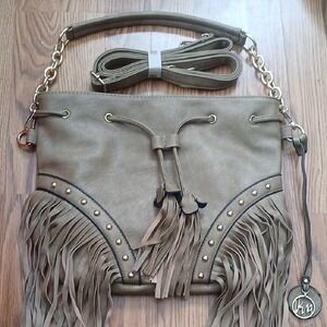 Vera Crossbody Bag Womens Medium Taupe Fringed Studded Boho Tassel Handbag